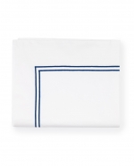 Grande Hotel White/Navy Full/Queen Flat Sheet These linens are styled after those that grace the beds of some of the finest hotels in the world. So if you\'re wondering why you always sleep so well in a five-star hotel, this may be the answer. This ever-popular percale is embroidered with tailored double-rows of satin stitch in colors numerous enough to thrill a decorator. Plus, they\'re woven by our masters in Italy to last through many washings.

Fabrication:
Percale with double-row of satin stitch embroidery
Duvet Cover: U-Shape on top of bed
Shams: 4-sides
Flat Sheet and Pillowcases: Along cuff

Finishing:
Knife-edge hem on Duvet Covers
Classic-style flanges, approximate measurements:
Shams: 3-inches; Boudoir: 2-inches
Flat Sheet and Pillowcase cuffs: 4-inches

Hem:
Plain